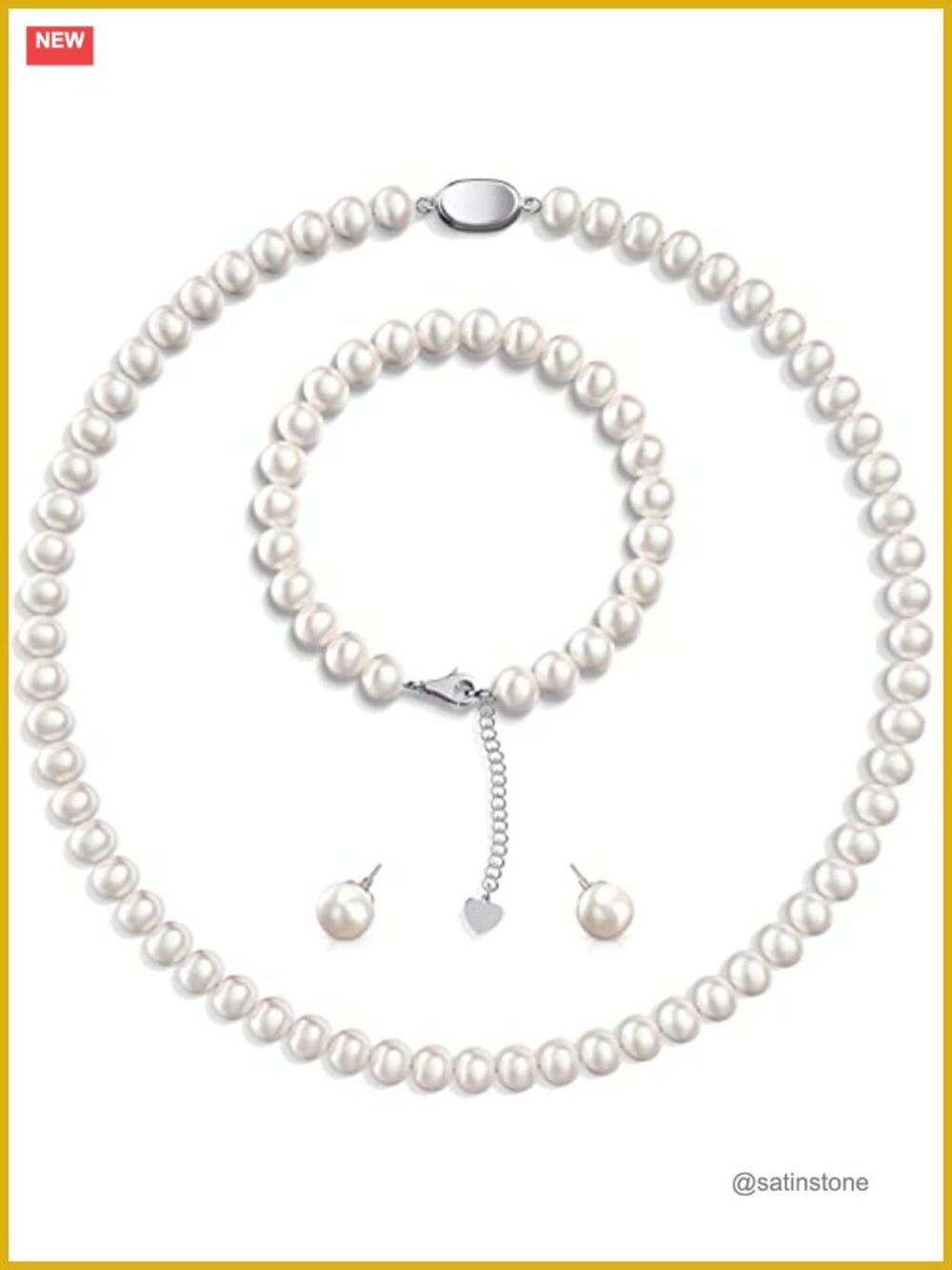 Freshwater Pearl Necklace Set 3 Piece Bracelet Stud Earrings Sterling Silver